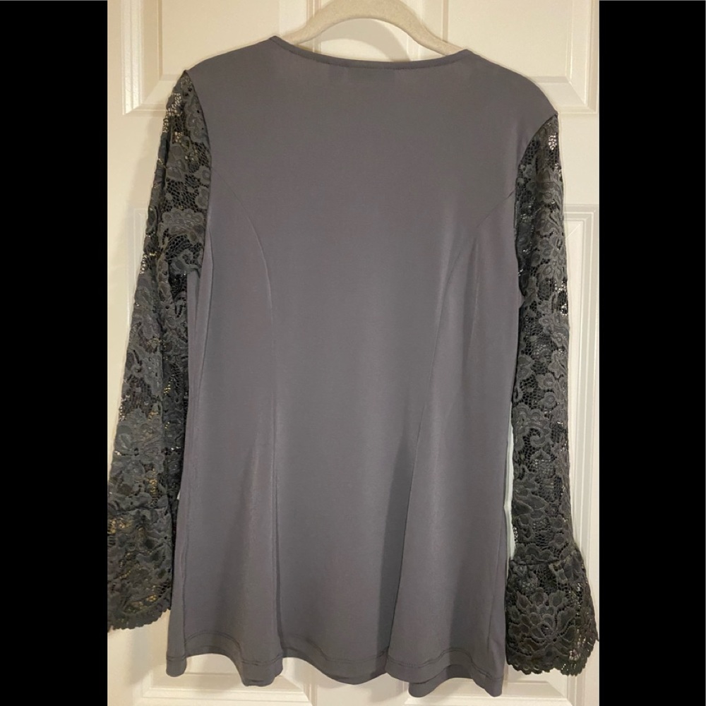 NWOT Susan Graver charcoal gray top with lace bell sleeves. - Picture 6 of 6